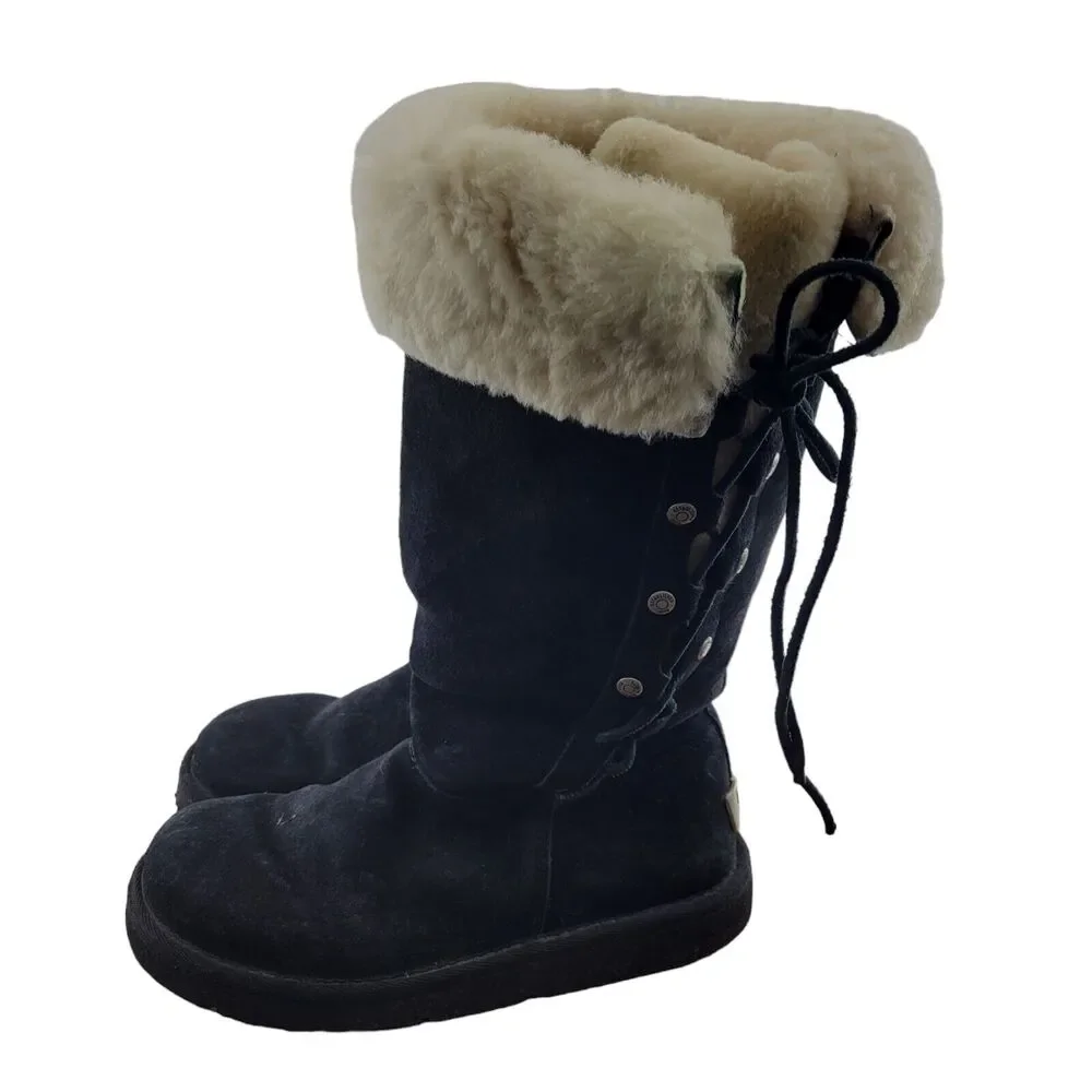 UGG Upside 5163 Boots Size 6 Tall Black Suede Lace Up Sides Studded Sherpa Lined